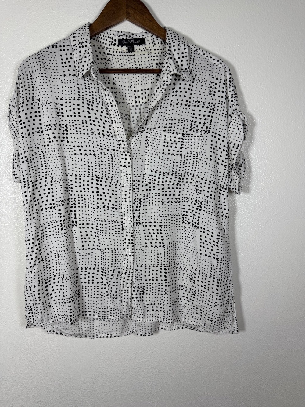 White Button-Front Blouse with Black Dot Grid